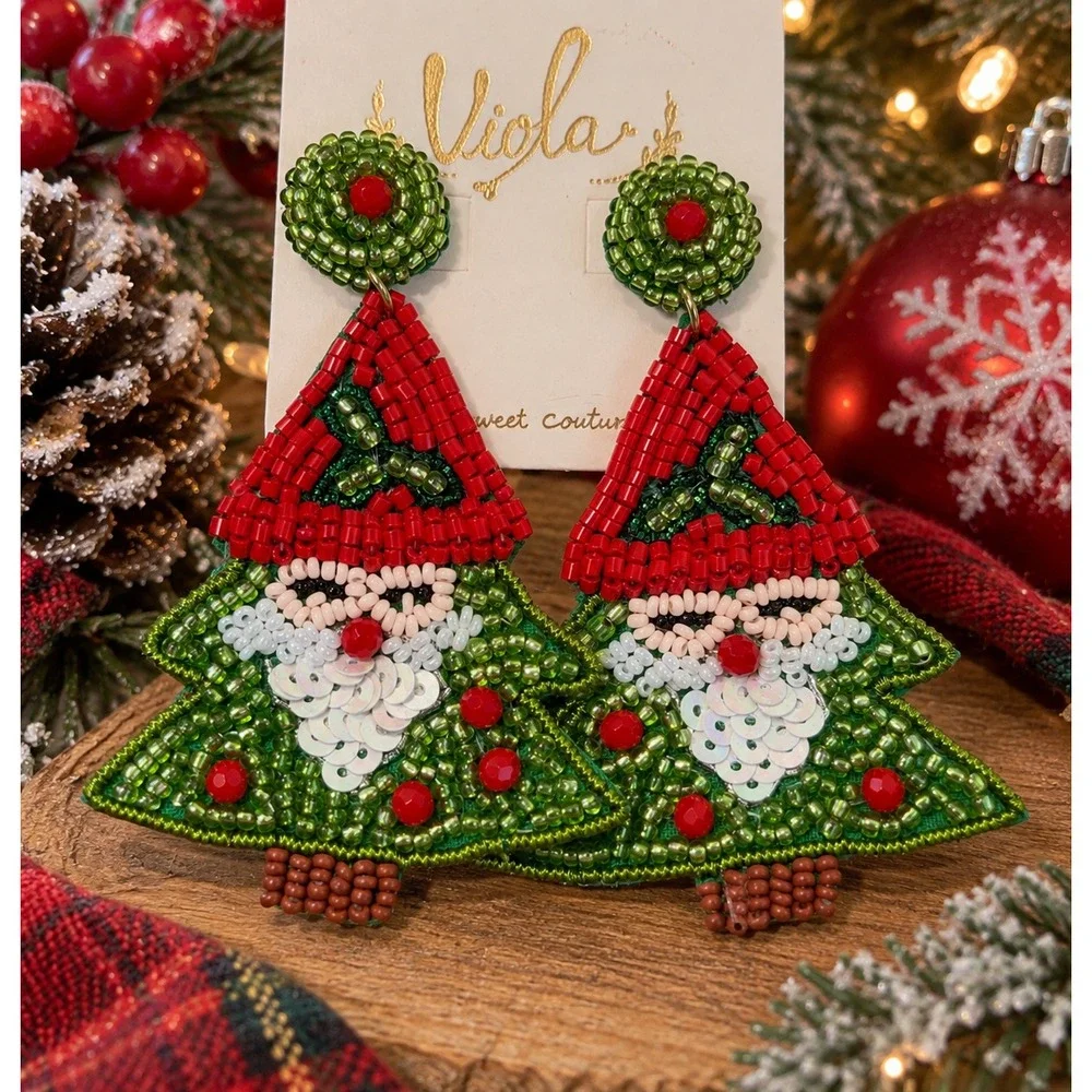 Christmas Gnome Seed Bead Earrings Tree Holiday Statement Red Green Beaded